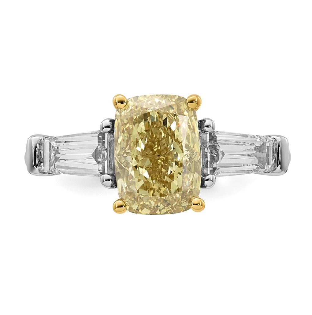 14k Two-Tone Gold Lab Grown Dia. Long Cushion VS+ Cert. Vivid Yellow & Baguette VS+ F+