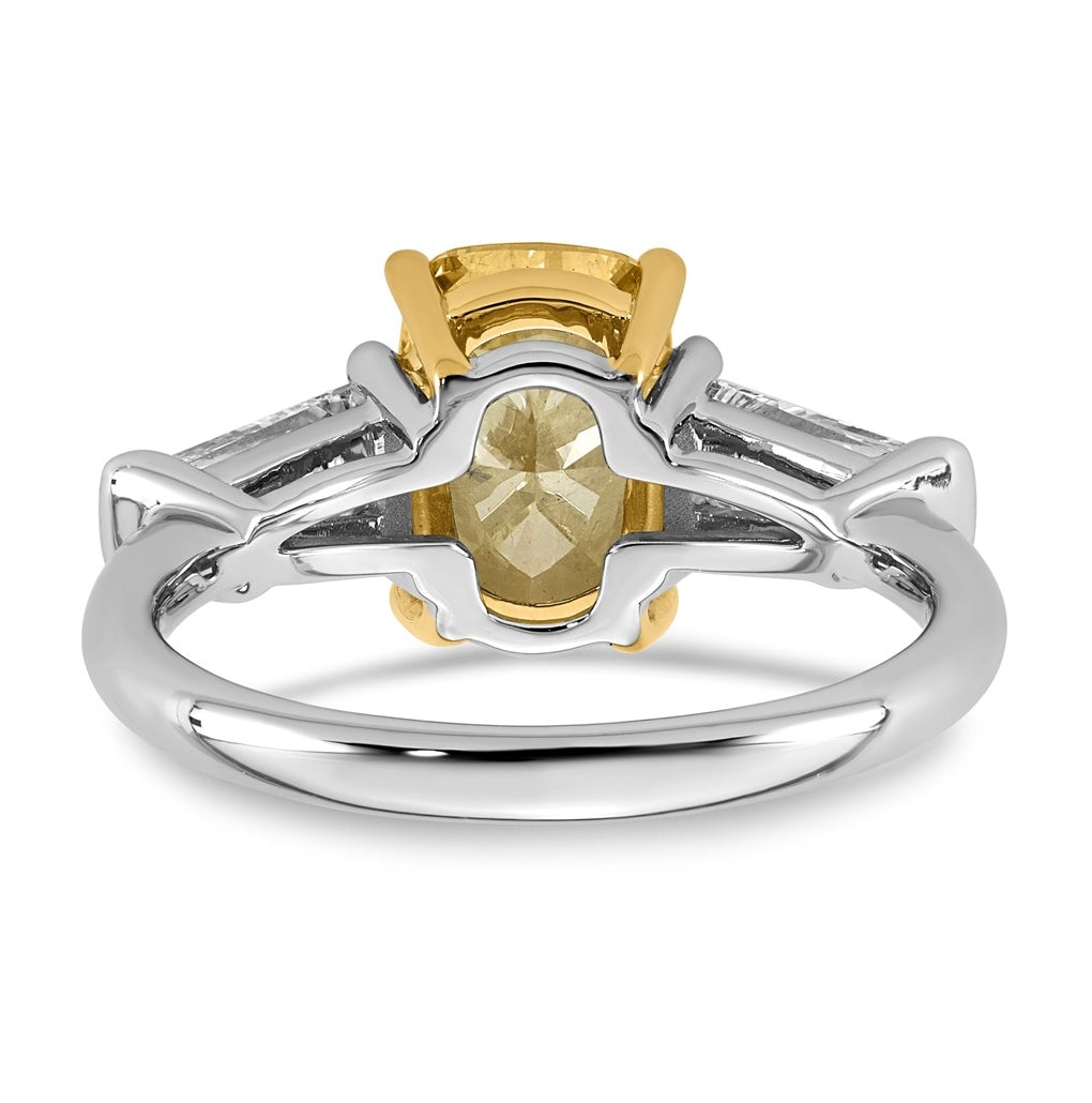 14k Two-Tone Gold Lab Grown Dia. Long Cushion VS+ Cert. Vivid Yellow & Baguette VS+ F+