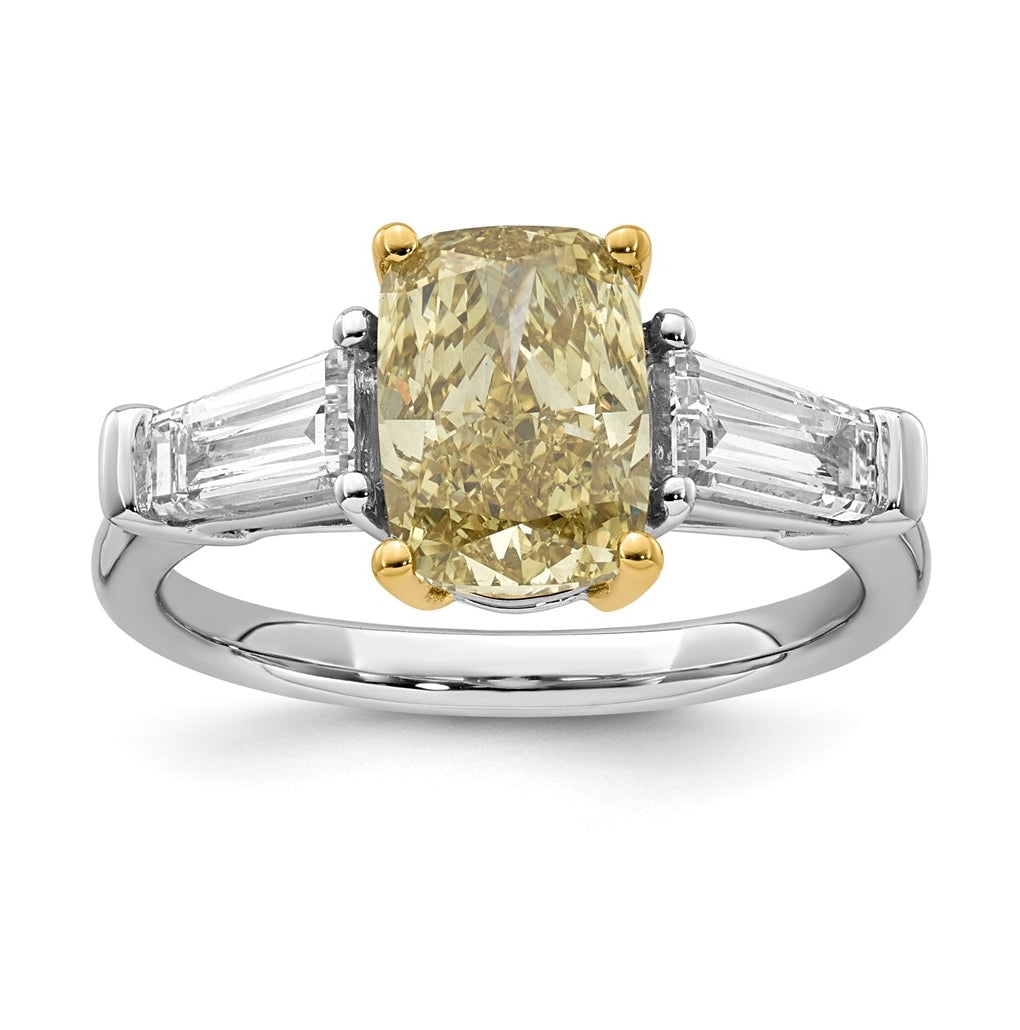 14k Two-Tone Gold Lab Grown Dia. Long Cushion VS+ Cert. Vivid Yellow & Baguette VS+ F+