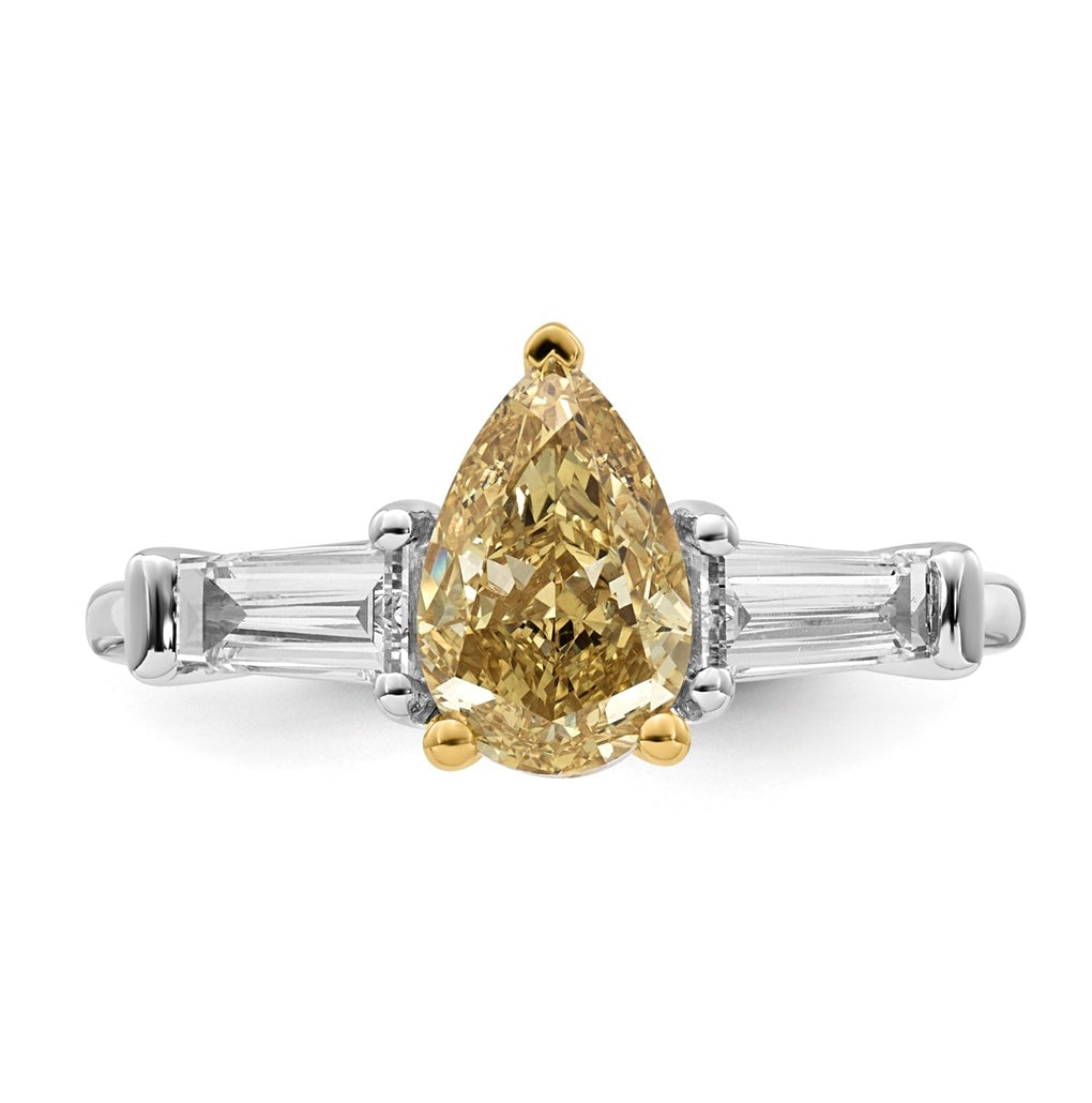 14k Two-Tone Gold 2 1/4ct Lab Grown Dia. Pear VS+ Cert. Vivid Yellow & Baguette VS+ F+
