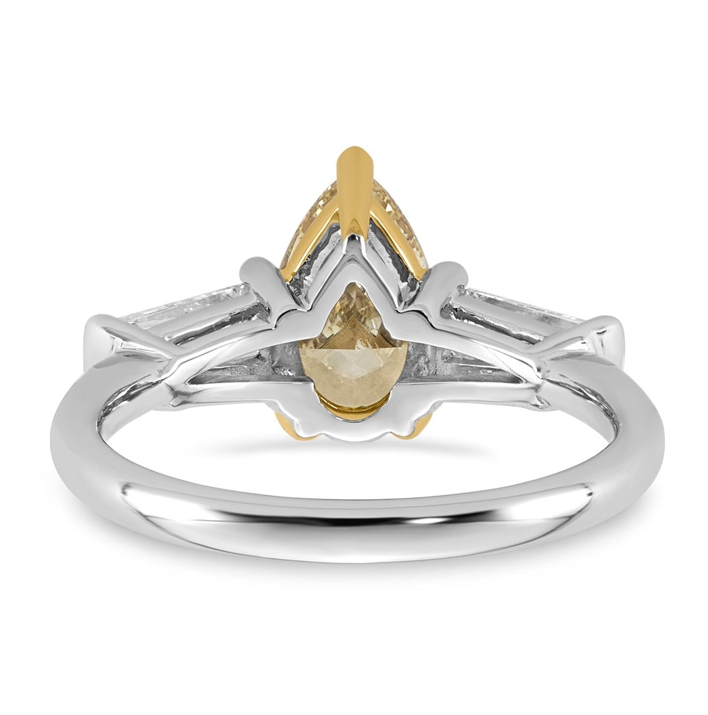 14k Two-Tone Gold 2 1/4ct Lab Grown Dia. Pear VS+ Cert. Vivid Yellow & Baguette VS+ F+