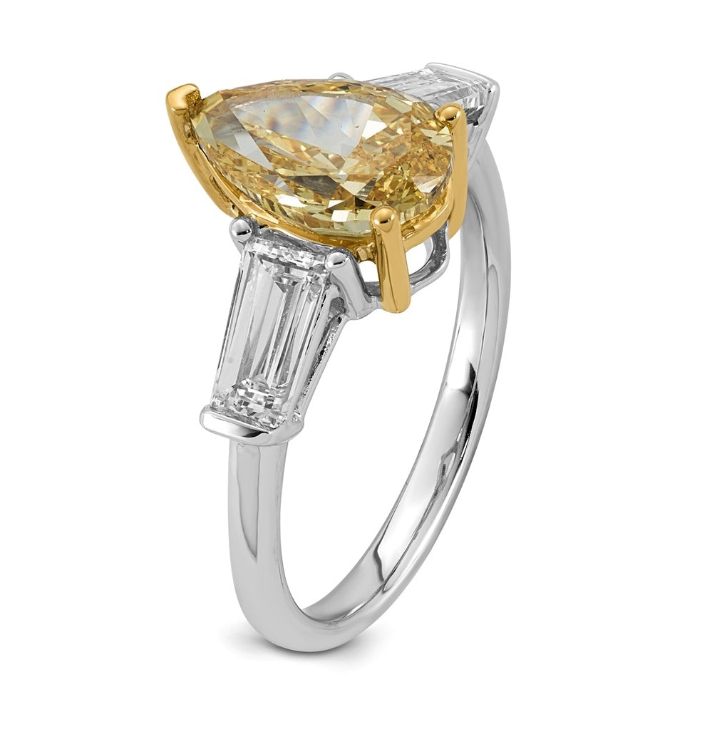 14k Two-Tone Gold 3 1/2ct Lab Grown Dia. Pear VS+ Cert. Vivid Yellow & Baguette VS+ F+