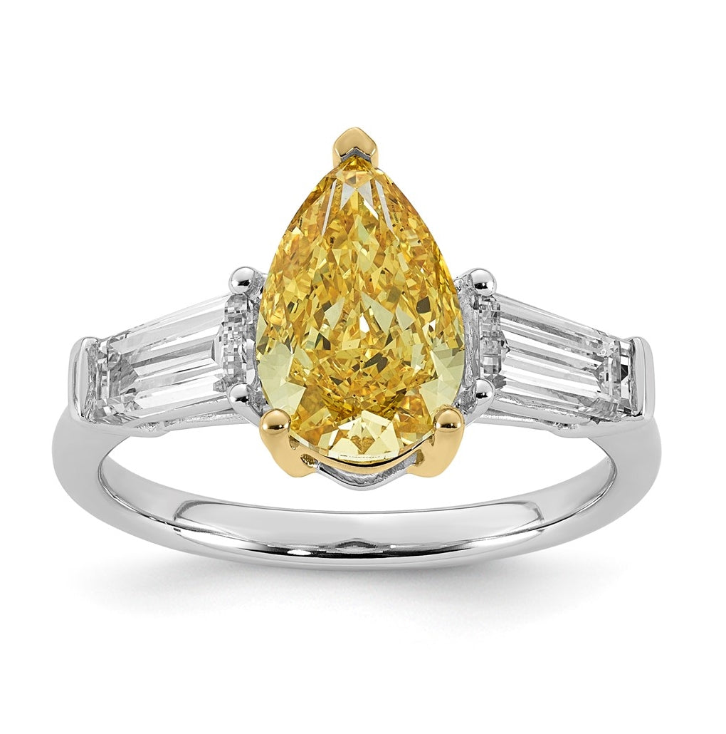 14k Two-Tone Gold 3 1/2ct Lab Grown Dia. Pear VS+ Cert. Vivid Yellow & Baguette VS+ F+