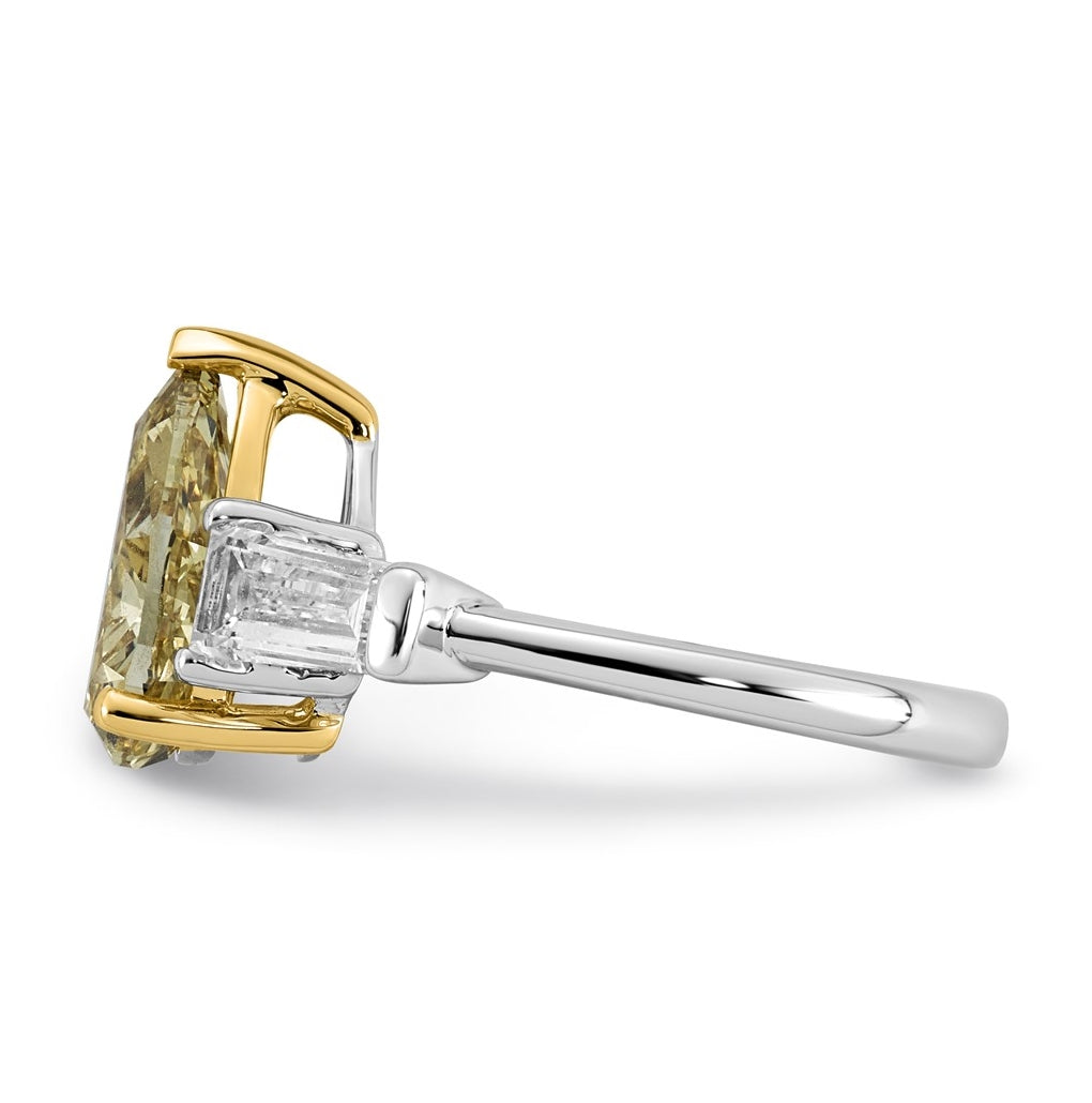 14k Two-Tone Gold 4 1/3ct Lab Grown Dia. Pear VS+ Cert. Vivid Yellow & Baguette VS+ F+