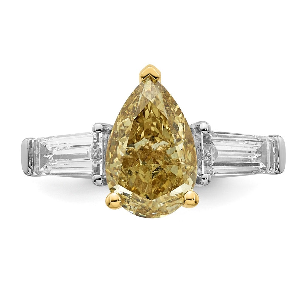 14k Two-Tone Gold 4 1/3ct Lab Grown Dia. Pear VS+ Cert. Vivid Yellow & Baguette VS+ F+