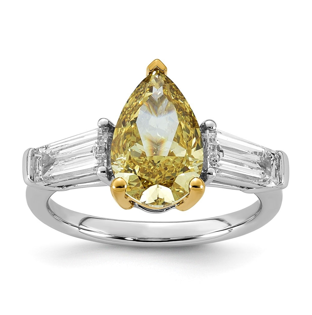 14k Two-Tone Gold 4 1/3ct Lab Grown Dia. Pear VS+ Cert. Vivid Yellow & Baguette VS+ F+
