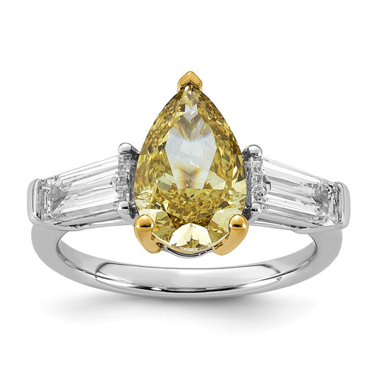 14k Two-Tone Gold 4 1/3ct Lab Grown Dia. Pear VS+ Cert. Vivid Yellow & Baguette VS+ F+