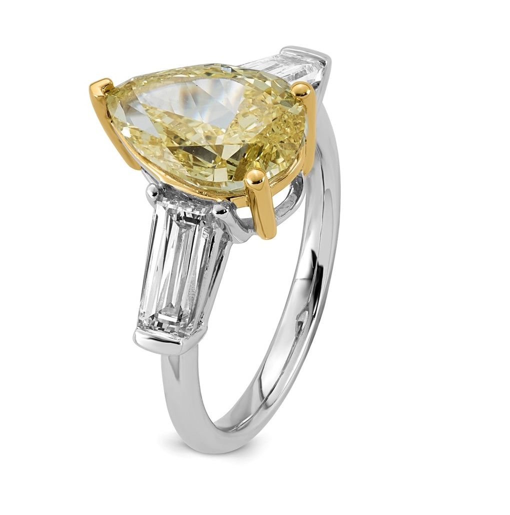 14k Two-Tone Gold 4 7/8ct Lab Grown Dia. Pear VS+ Cert. Vivid Yellow & Baguette VS+ F+