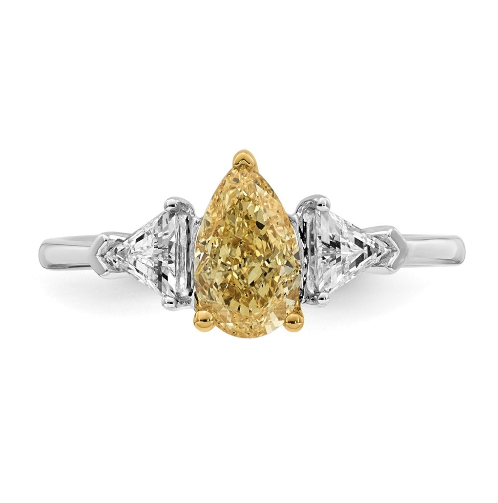 14k Two-Tone Gold 1 1/2ct Lab Grown Dia. Pear VS+ Cert. Vivid Yellow & Trillion VS+ F+