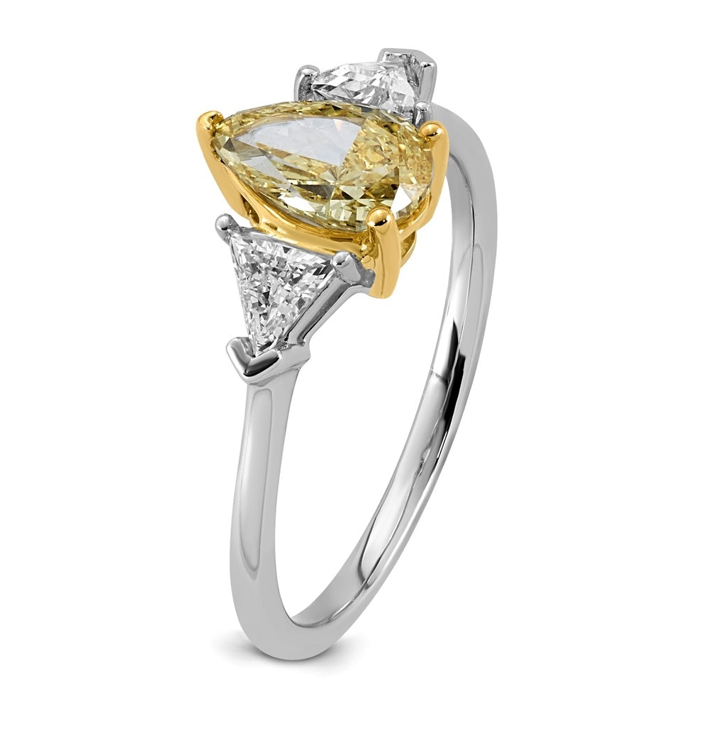 14k Two-Tone Gold 1 1/2ct Lab Grown Dia. Pear VS+ Cert. Vivid Yellow & Trillion VS+ F+