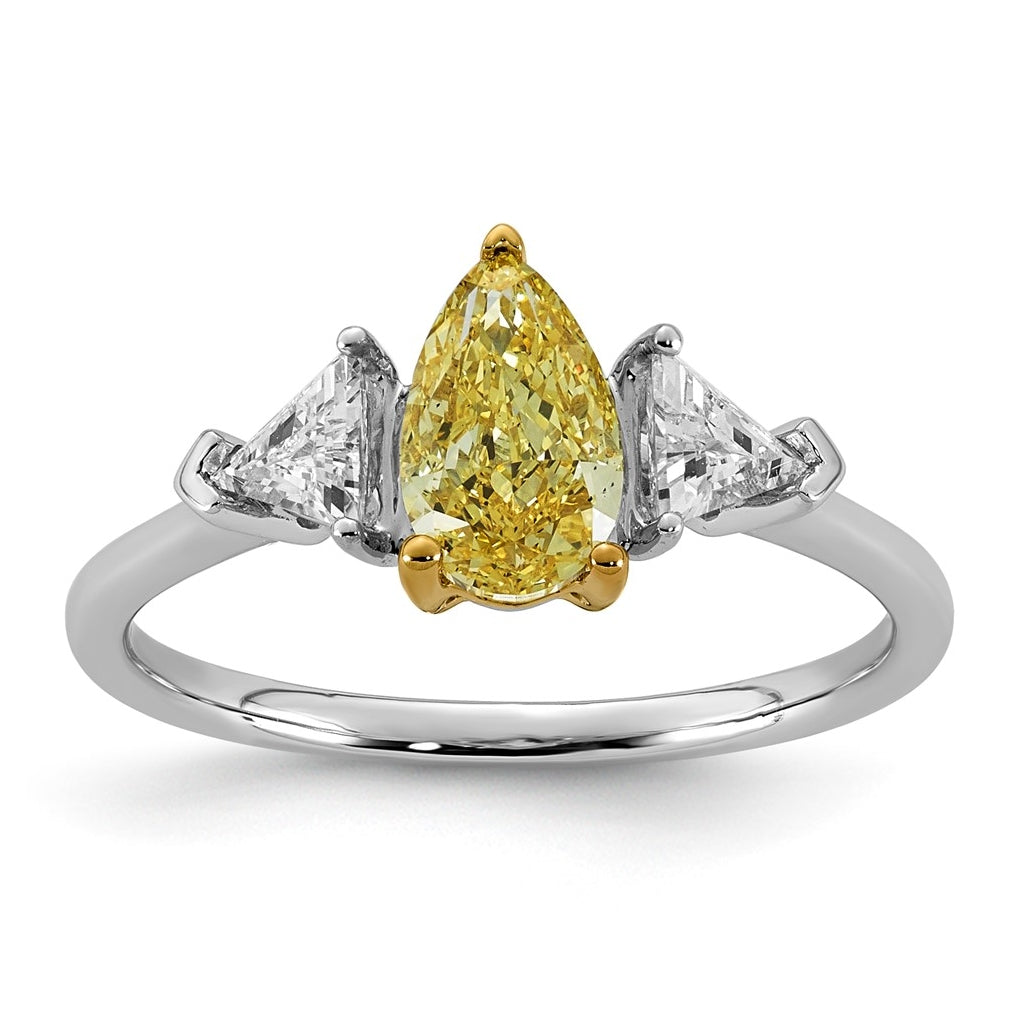 14k Two-Tone Gold 1 1/2ct Lab Grown Dia. Pear VS+ Cert. Vivid Yellow & Trillion VS+ F+