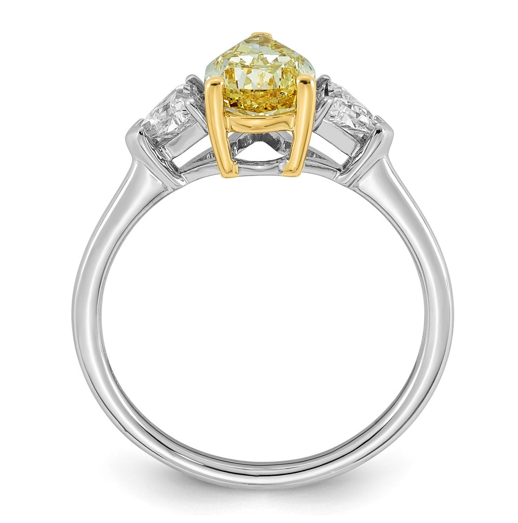 14k Two-Tone Gold 2ct Lab Grown Dia. Pear VS+ Cert. Vivid Yellow & Trillion VS+ F+ Ring
