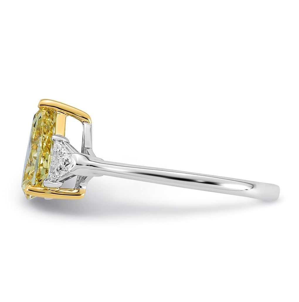 14k Two-Tone Gold 2ct Lab Grown Dia. Pear VS+ Cert. Vivid Yellow & Trillion VS+ F+ Ring