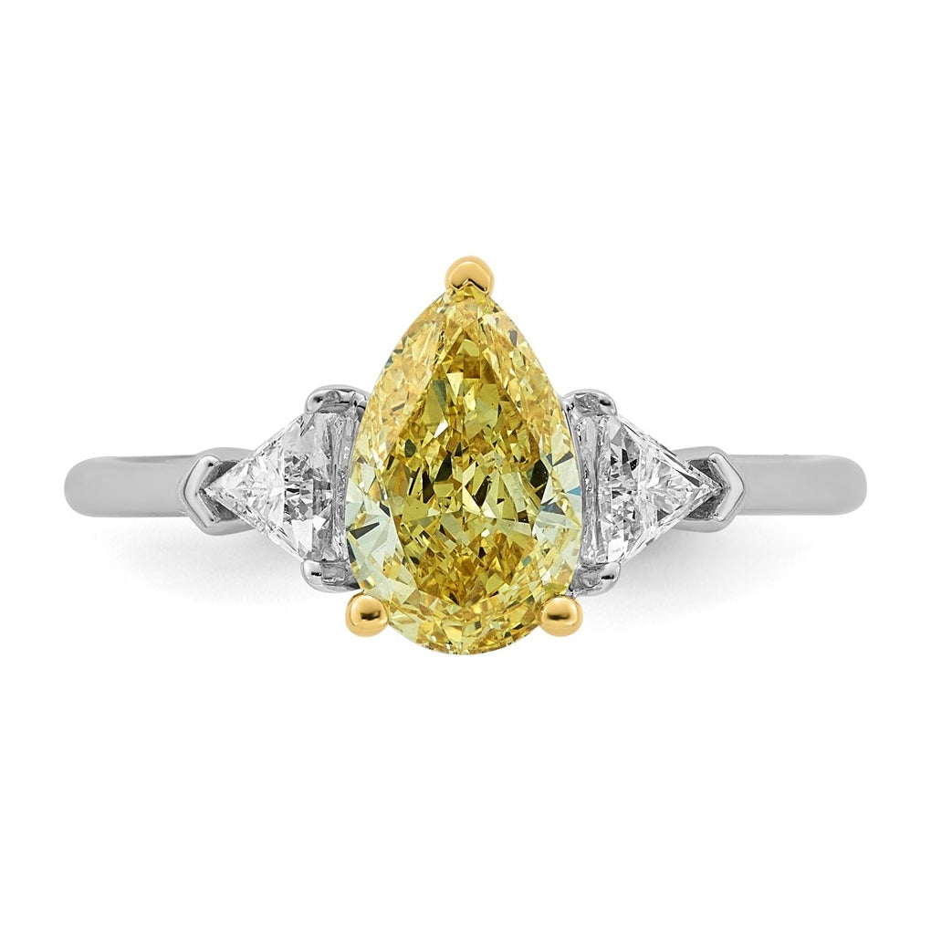 14k Two-Tone Gold 2ct Lab Grown Dia. Pear VS+ Cert. Vivid Yellow & Trillion VS+ F+ Ring