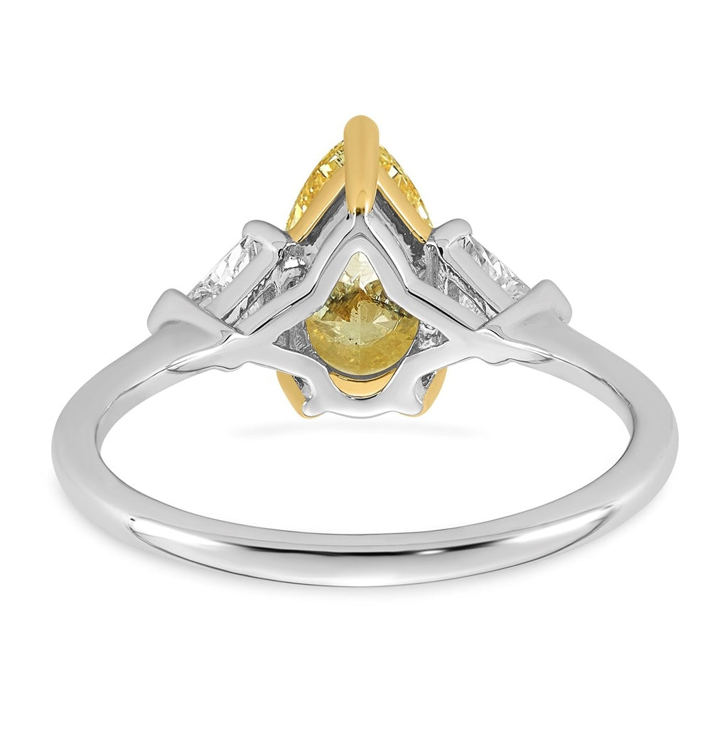 14k Two-Tone Gold 2ct Lab Grown Dia. Pear VS+ Cert. Vivid Yellow & Trillion VS+ F+ Ring