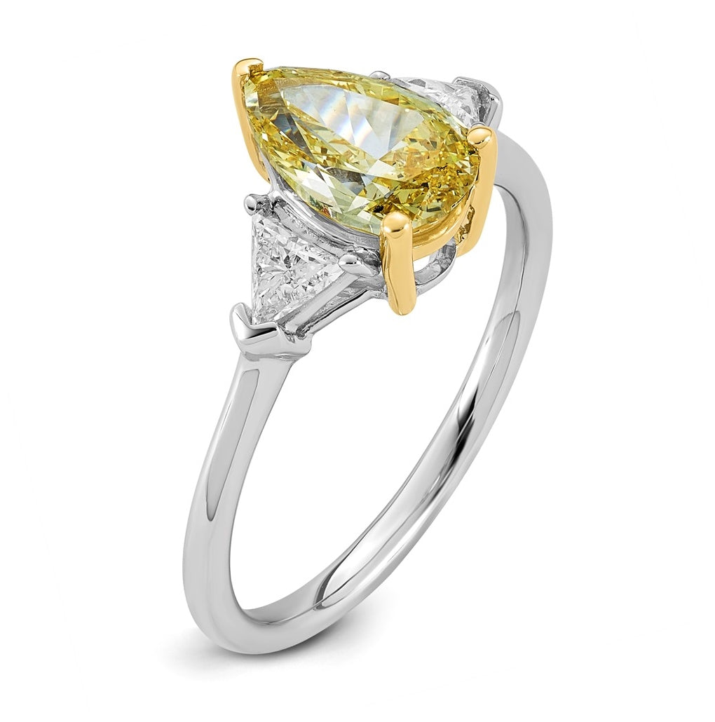 14k Two-Tone Gold 2ct Lab Grown Dia. Pear VS+ Cert. Vivid Yellow & Trillion VS+ F+ Ring