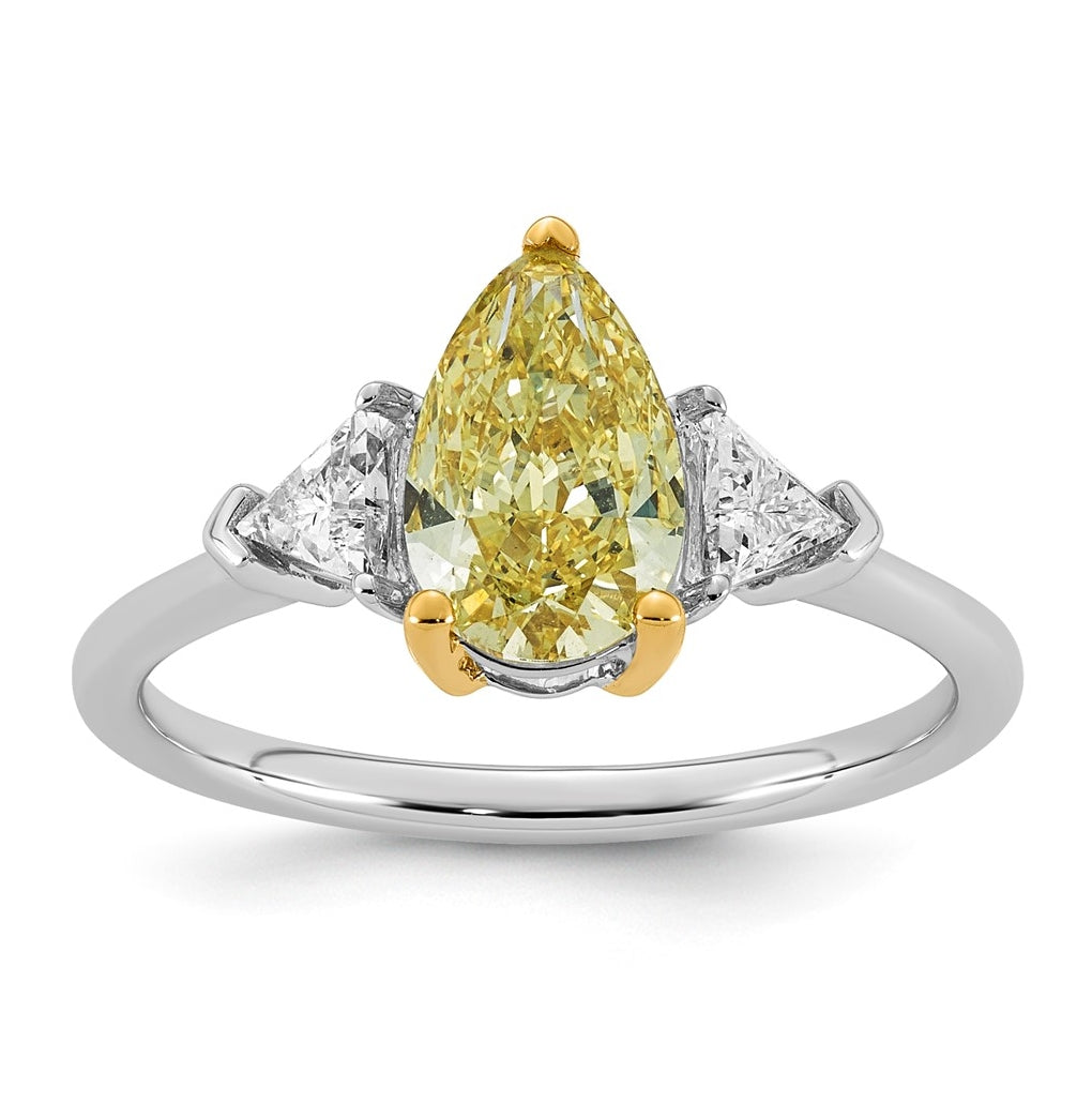 14k Two-Tone Gold 2ct Lab Grown Dia. Pear VS+ Cert. Vivid Yellow & Trillion VS+ F+ Ring