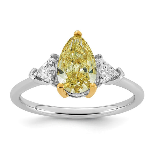 14k Two-Tone Gold 2ct Lab Grown Dia. Pear VS+ Cert. Vivid Yellow & Trillion VS+ F+ Ring