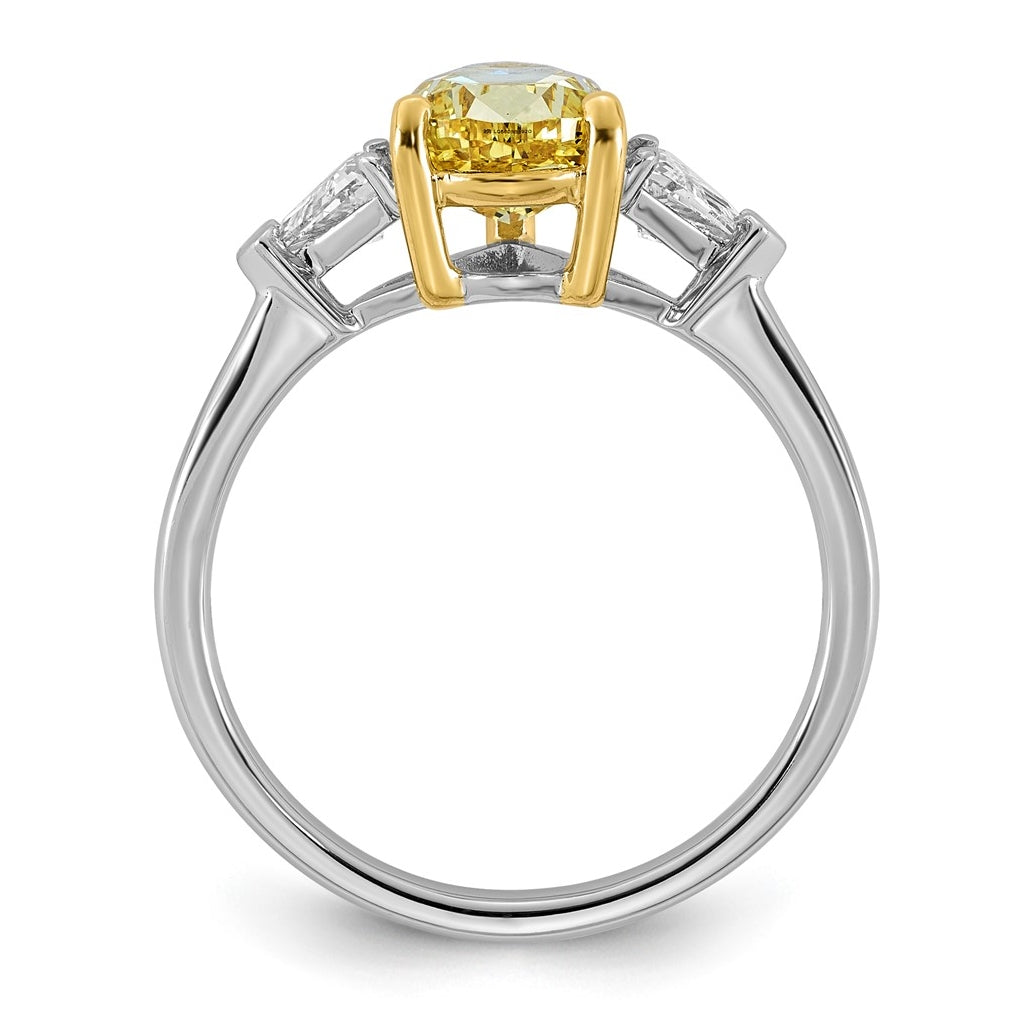 14k Two-Tone Gold 2 1/2ct Lab Grown Dia. Pear VS+ Cert. Vivid Yellow & Trillion VS+ F+