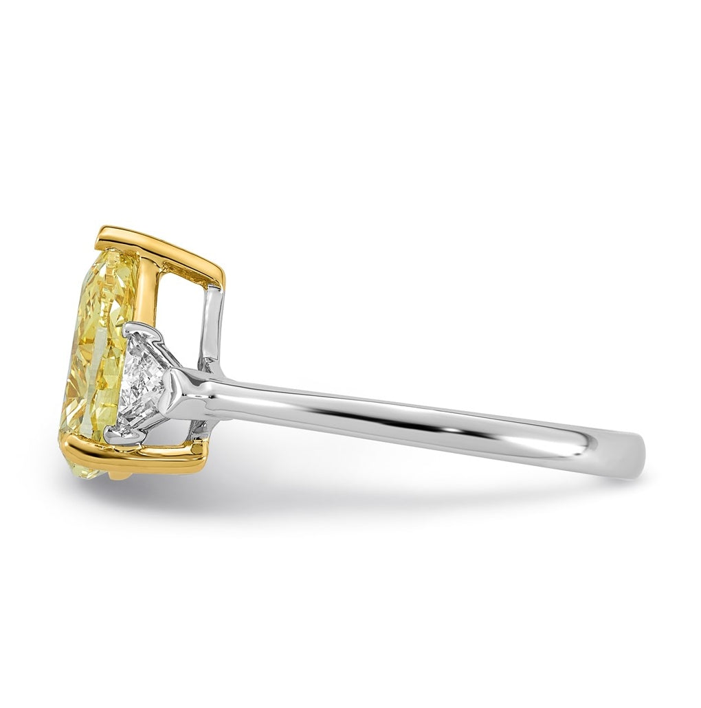 14k Two-Tone Gold 2 1/2ct Lab Grown Dia. Pear VS+ Cert. Vivid Yellow & Trillion VS+ F+