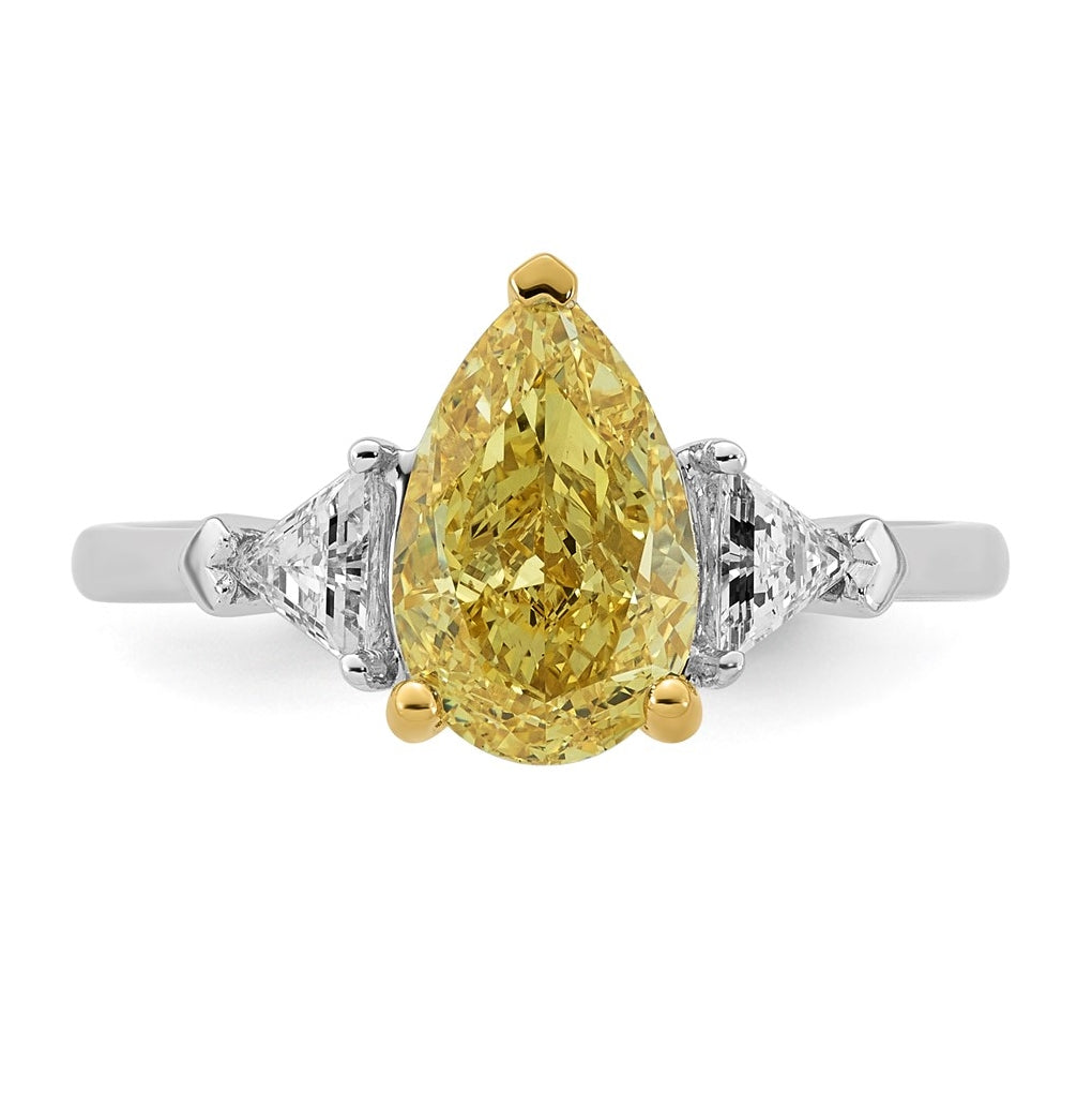 14k Two-Tone Gold 2 1/2ct Lab Grown Dia. Pear VS+ Cert. Vivid Yellow & Trillion VS+ F+