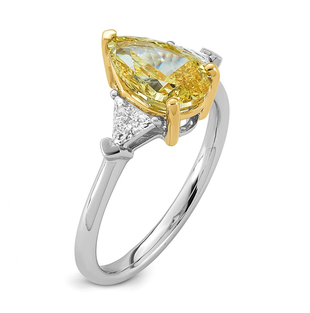 14k Two-Tone Gold 2 1/2ct Lab Grown Dia. Pear VS+ Cert. Vivid Yellow & Trillion VS+ F+