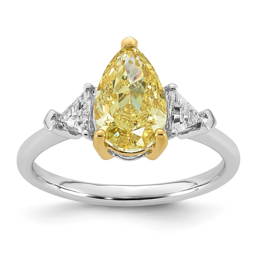 14k Two-Tone Gold 2 1/2ct Lab Grown Dia. Pear VS+ Cert. Vivid Yellow & Trillion VS+ F+