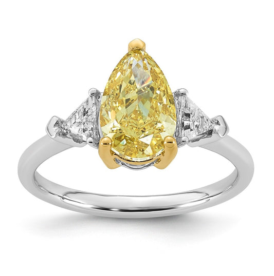 14k Two-Tone Gold 2 1/2ct Lab Grown Dia. Pear VS+ Cert. Vivid Yellow & Trillion VS+ F+