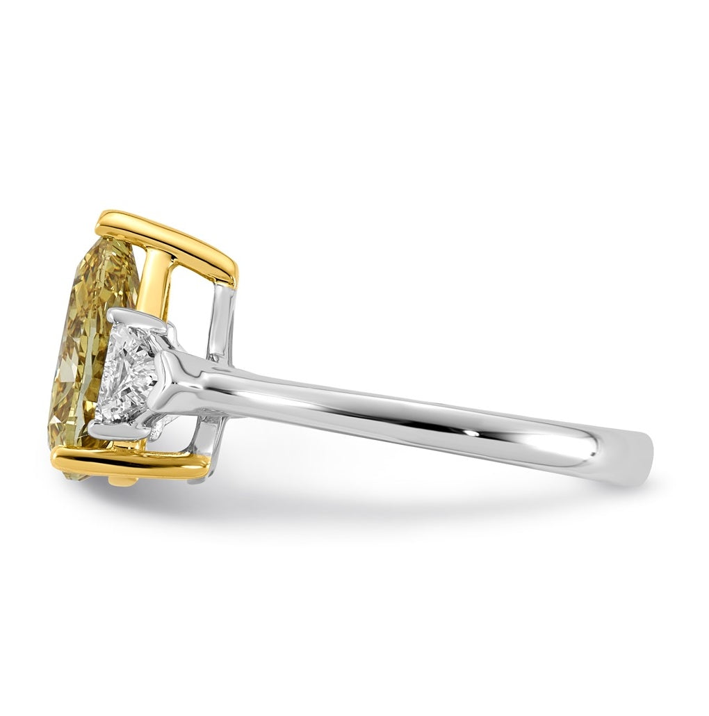 14k Two-Tone Gold 3ct Lab Grown Dia. Pear VS+ Cert. Vivid Yellow & Trillion VS+ F+ Ring