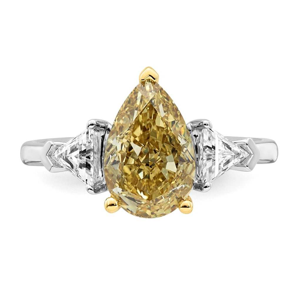 14k Two-Tone Gold 3ct Lab Grown Dia. Pear VS+ Cert. Vivid Yellow & Trillion VS+ F+ Ring