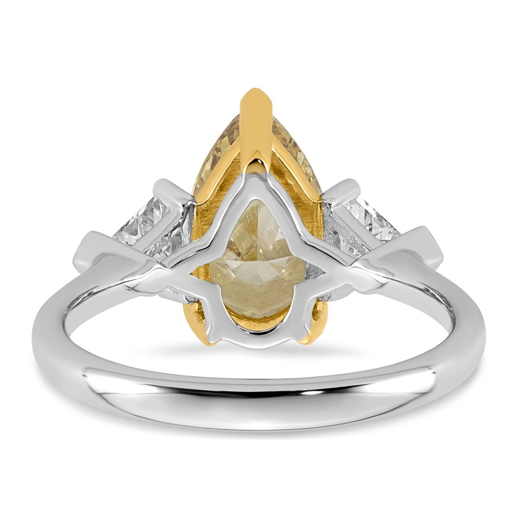14k Two-Tone Gold 3ct Lab Grown Dia. Pear VS+ Cert. Vivid Yellow & Trillion VS+ F+ Ring