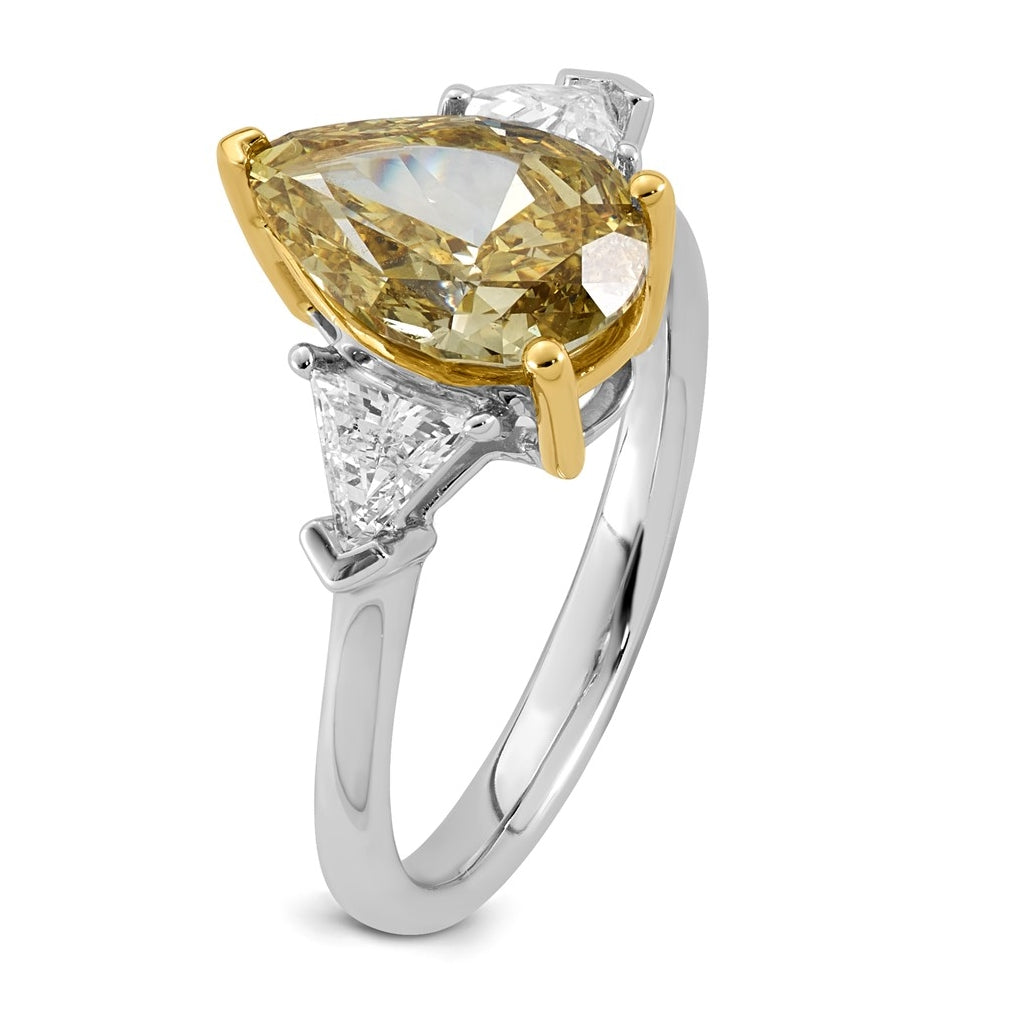 14k Two-Tone Gold 3ct Lab Grown Dia. Pear VS+ Cert. Vivid Yellow & Trillion VS+ F+ Ring