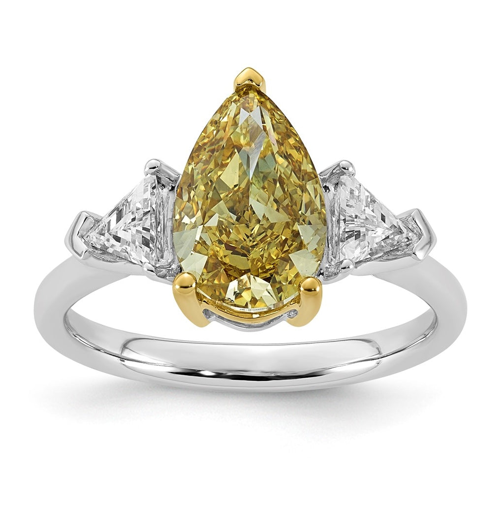 14k Two-Tone Gold 3ct Lab Grown Dia. Pear VS+ Cert. Vivid Yellow & Trillion VS+ F+ Ring