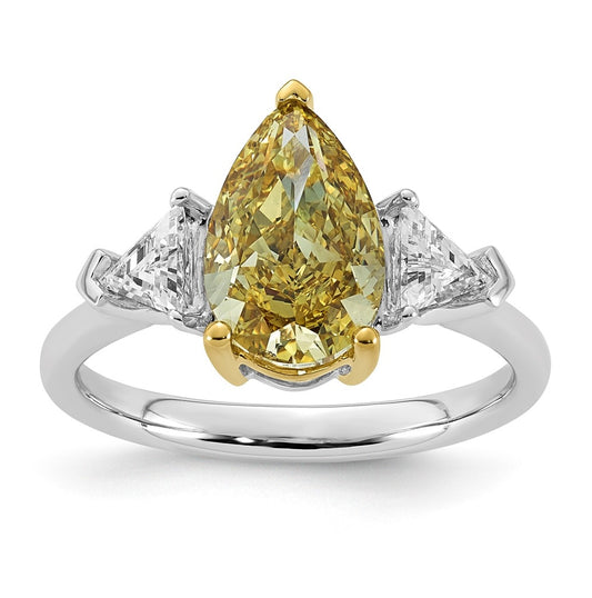 14k Two-Tone Gold 3ct Lab Grown Dia. Pear VS+ Cert. Vivid Yellow & Trillion VS+ F+ Ring