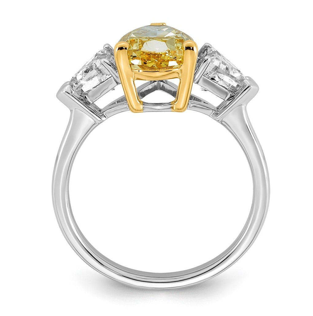 14k Two-Tone Gold 4ct Lab Grown Dia. Pear VS+ Cert. Vivid Yellow & Trillion VS+ F+ Ring