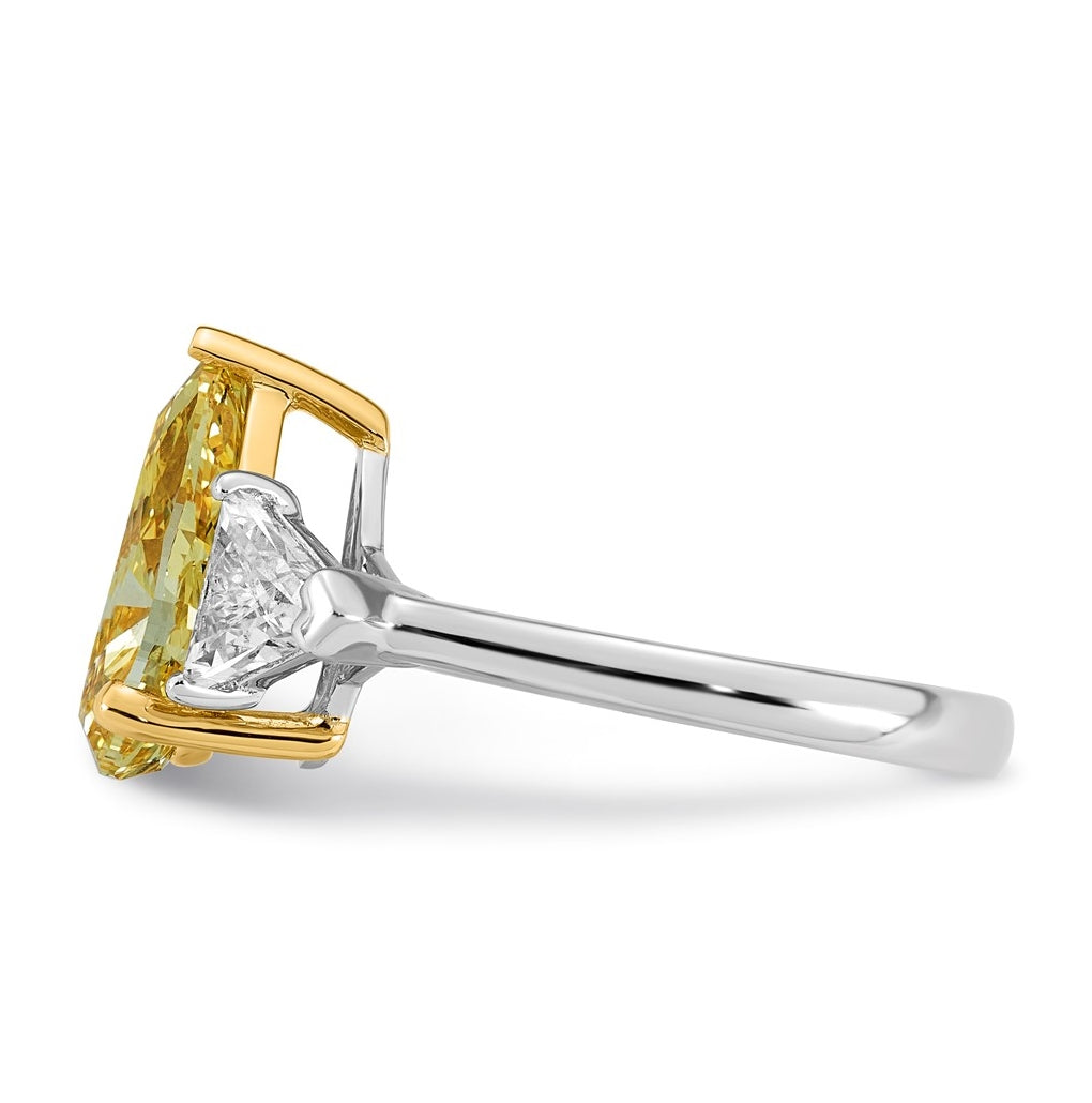 14k Two-Tone Gold 4ct Lab Grown Dia. Pear VS+ Cert. Vivid Yellow & Trillion VS+ F+ Ring