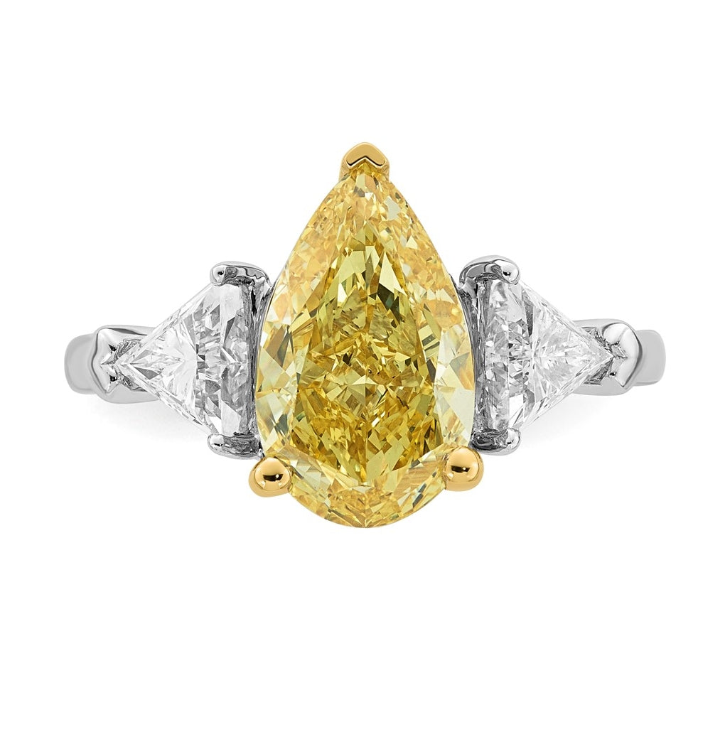 14k Two-Tone Gold 4ct Lab Grown Dia. Pear VS+ Cert. Vivid Yellow & Trillion VS+ F+ Ring