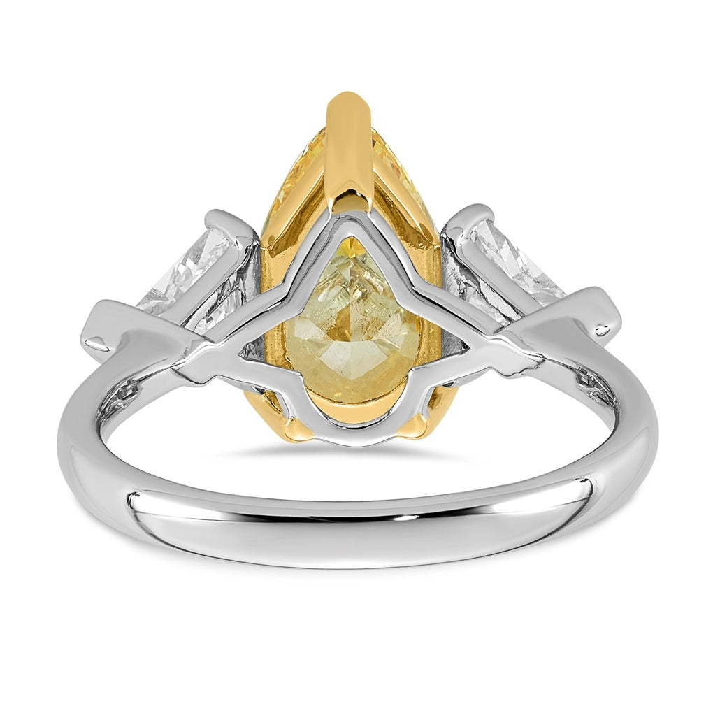 14k Two-Tone Gold 4ct Lab Grown Dia. Pear VS+ Cert. Vivid Yellow & Trillion VS+ F+ Ring