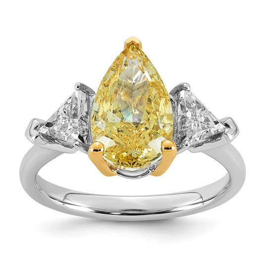 14k Two-Tone Gold 4ct Lab Grown Dia. Pear VS+ Cert. Vivid Yellow & Trillion VS+ F+ Ring