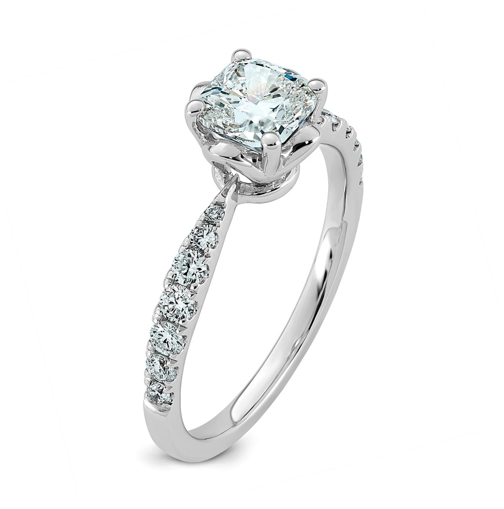 14K White Gold 1 1/3ct Certified Cushion Center Lab Grown Diamond VS+ F+ 4-Prong Ring