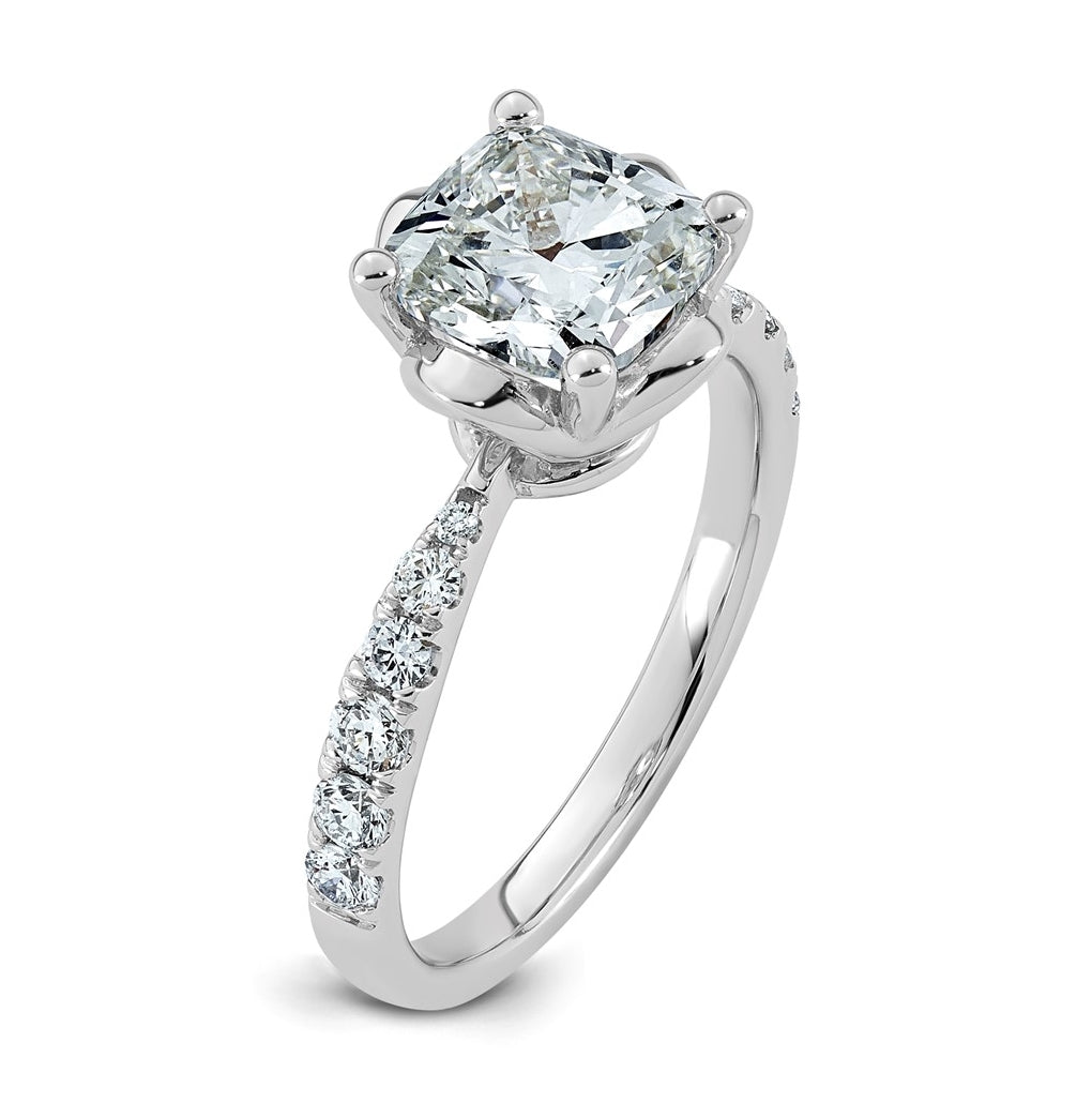 14K White Gold 2 1/3ct Certified Cushion Center Lab Grown Diamond VS+ F+ 4-Prong Ring