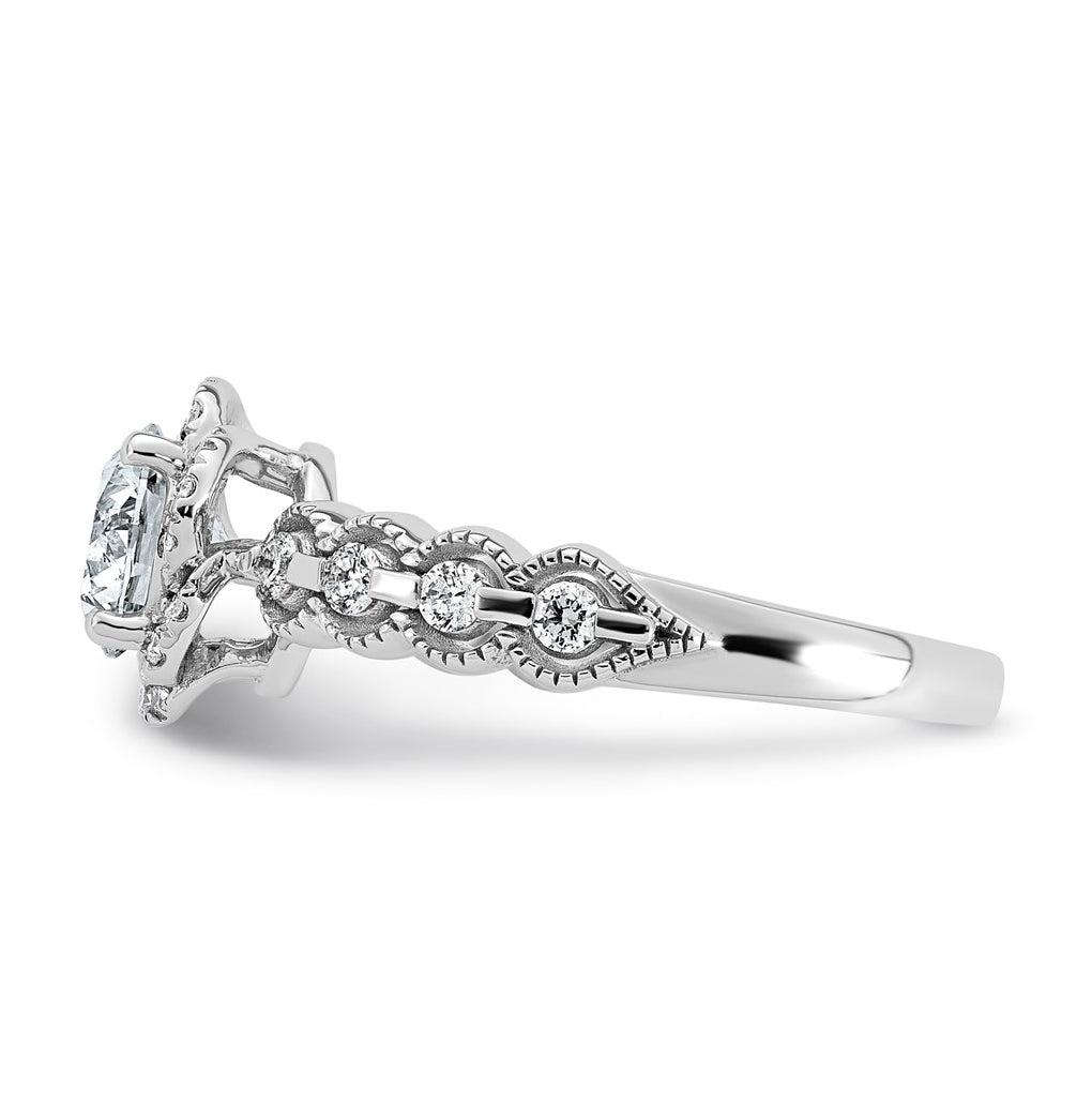 14K White Gold 1 1/3ct Certified Round Center Lab Grown Diamond VS+ F+ Floral Halo Ri