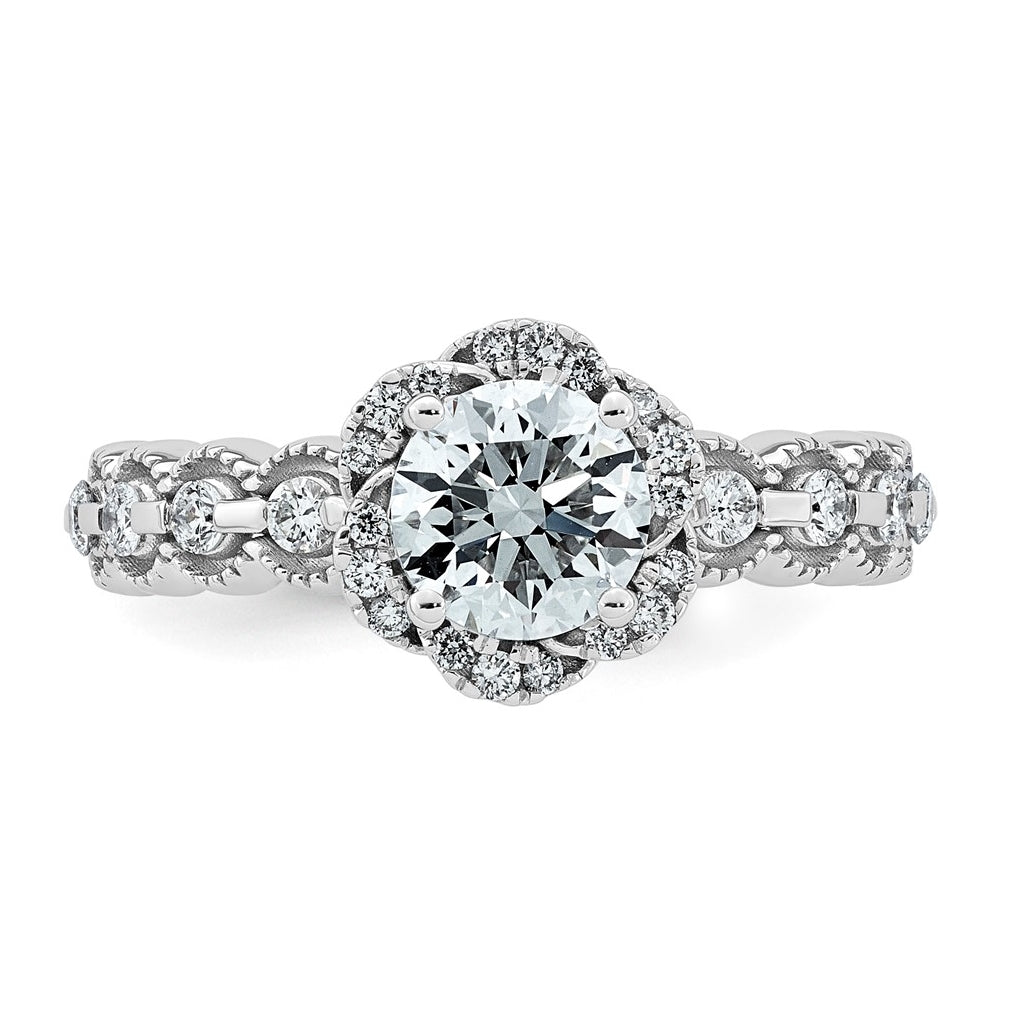 14K White Gold 1 1/3ct Certified Round Center Lab Grown Diamond VS+ F+ Floral Halo Ri