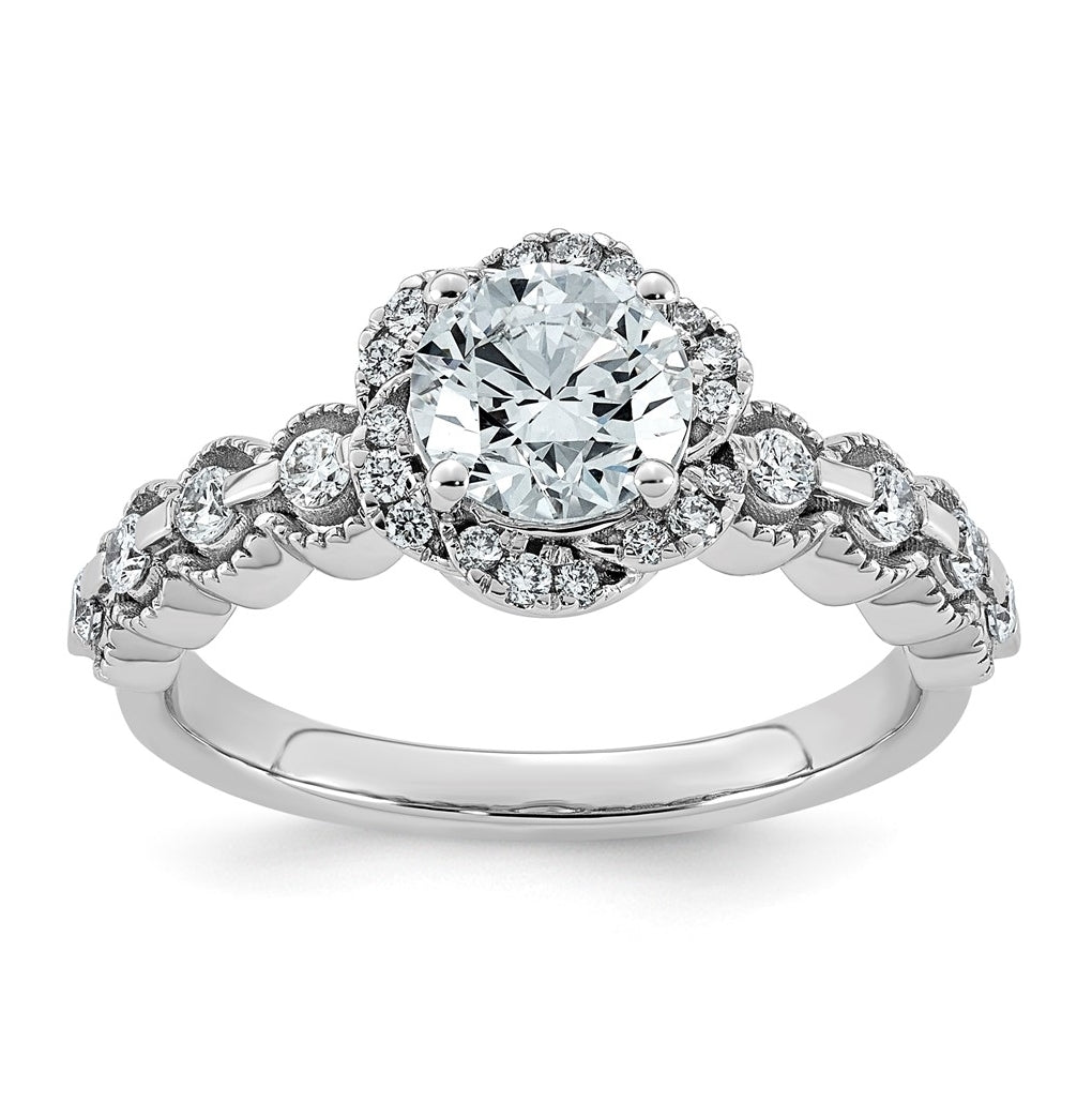 14K White Gold 1 1/3ct Certified Round Center Lab Grown Diamond VS+ F+ Floral Halo Ri