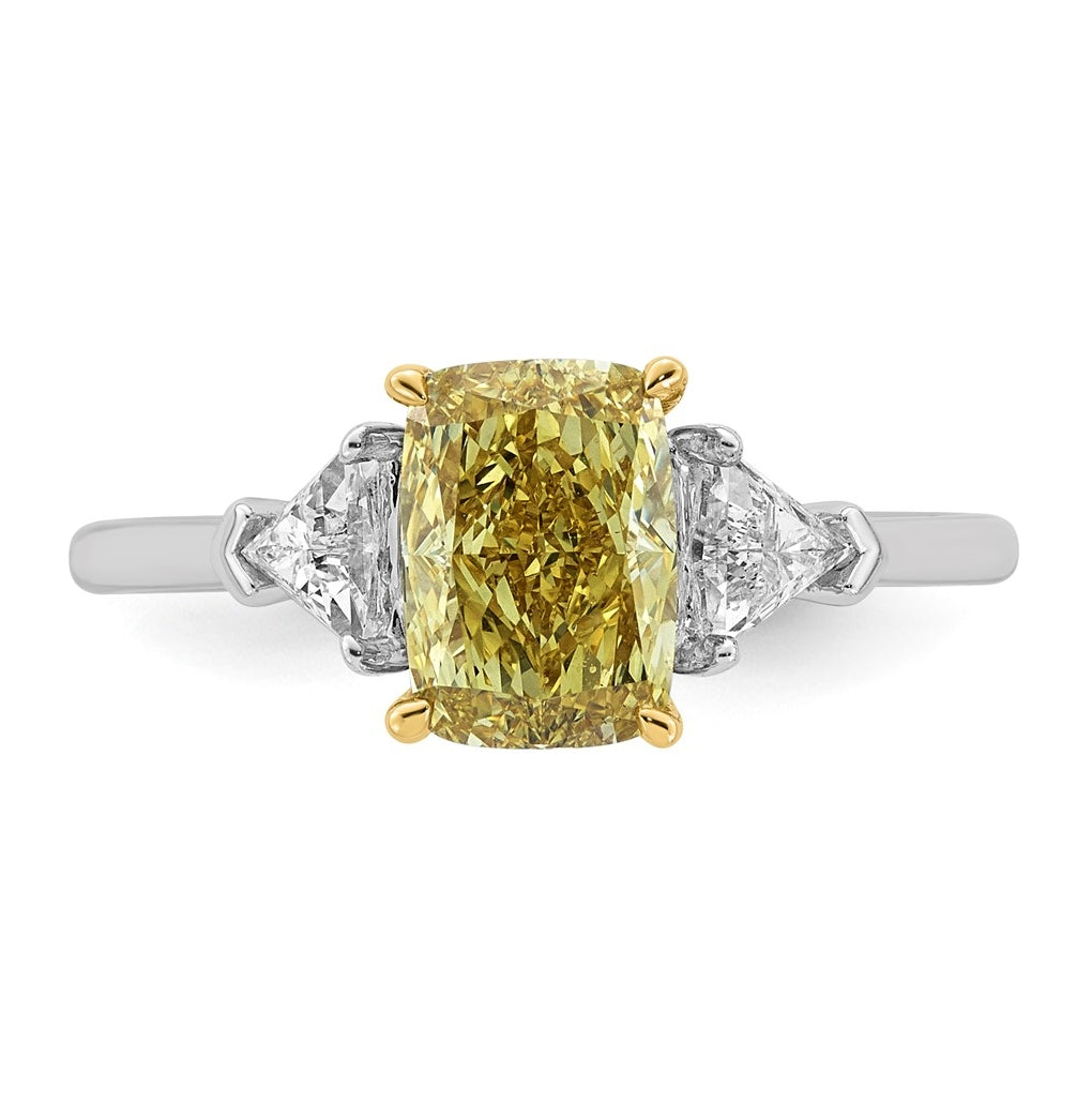 14k Two-Tone Gold 2 1/5ct Lab Grown Dia. Long Cushion VS+ Cert. Vivid Yellow & Trapezoi