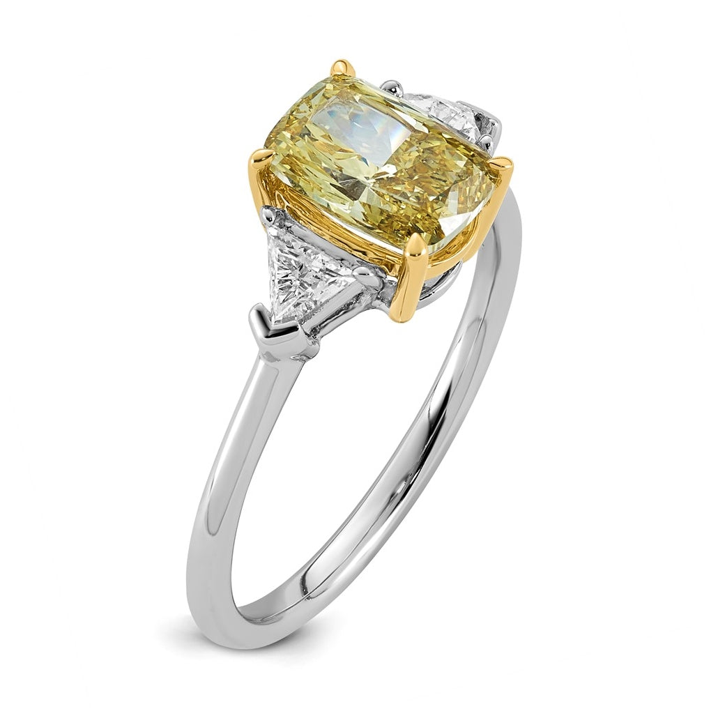 14k Two-Tone Gold 2 1/5ct Lab Grown Dia. Long Cushion VS+ Cert. Vivid Yellow & Trapezoi