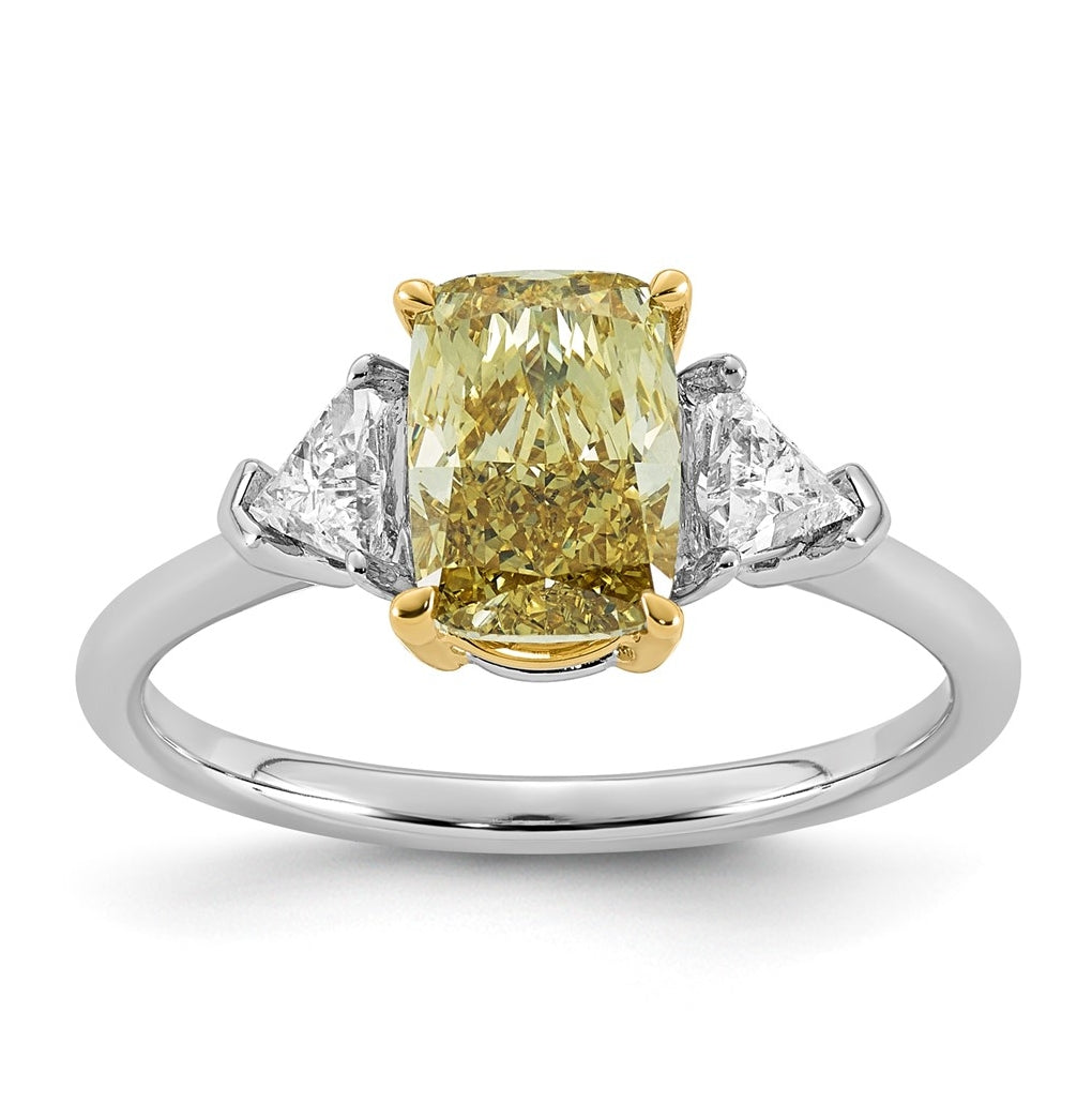 14k Two-Tone Gold 2 1/5ct Lab Grown Dia. Long Cushion VS+ Cert. Vivid Yellow & Trapezoi