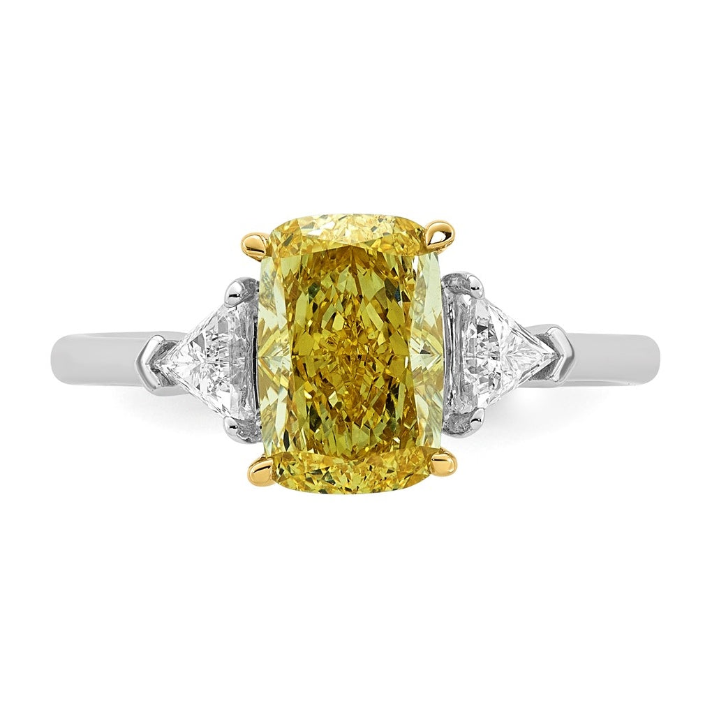14k Two-Tone Gold 2 1/2ct Lab Grown Dia. Long Cushion VS+ Cert. Vivid Yellow & Trapezoi
