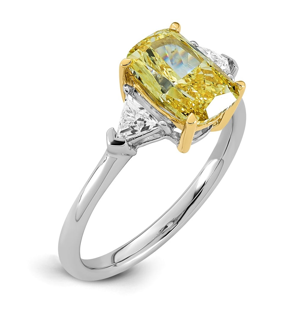 14k Two-Tone Gold 2 1/2ct Lab Grown Dia. Long Cushion VS+ Cert. Vivid Yellow & Trapezoi
