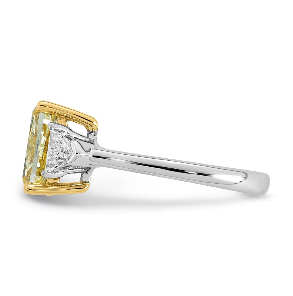 14k Two-Tone Gold 3 1/2ct Lab Grown Dia. Long Cushion VS+ Cert. Vivid Yellow & Trapezoi